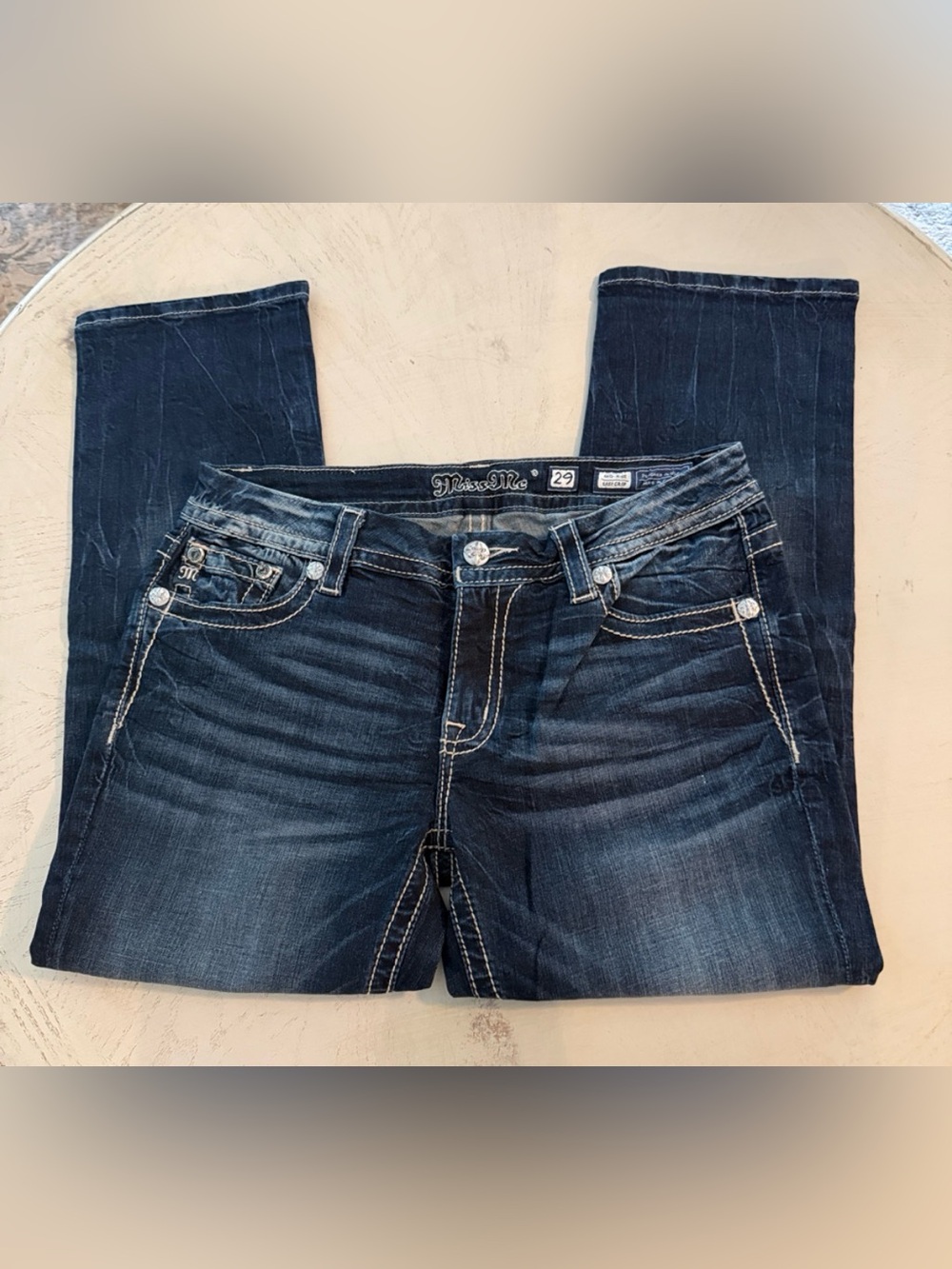 Miss Me designer embellished jeans cropped whiskering sz 29 dark blue